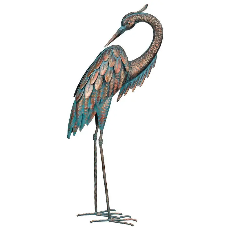 25-Inch Preening Heron Statue With Antique Copper Patina 1