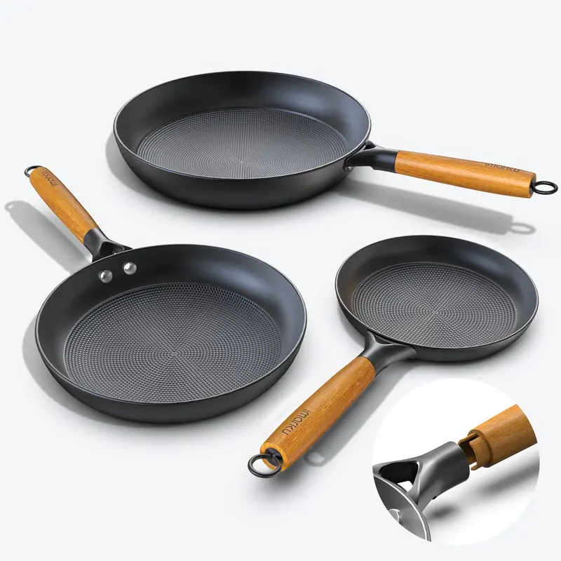 3-Piece Cast Iron Skillet Set With Removable Ergonomic Wooden Handles 1