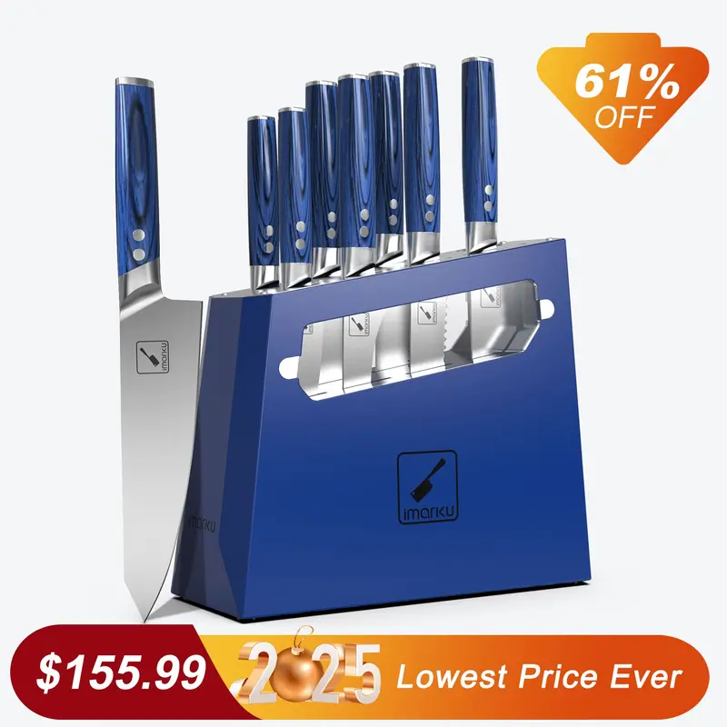 9-Piece Food-Grade Stainless Steel Blue-Toned Knife Set With Integrated Sharpener 1