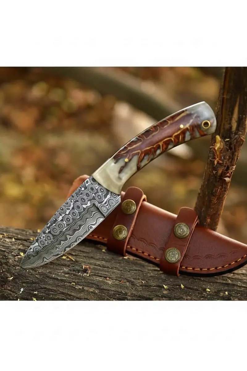 Artisan Damascus Hunting Knife With Resin-Inlaid Antler Handle 1