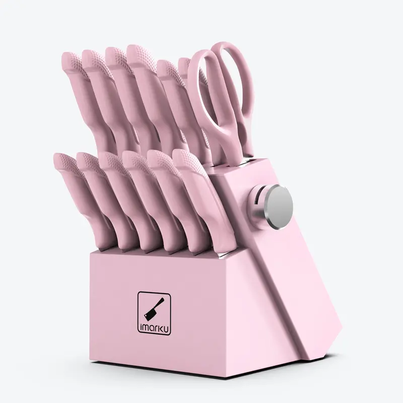 Blush Pink 14-Piece Kitchen Knife Set With Modern Acrylic Block 1