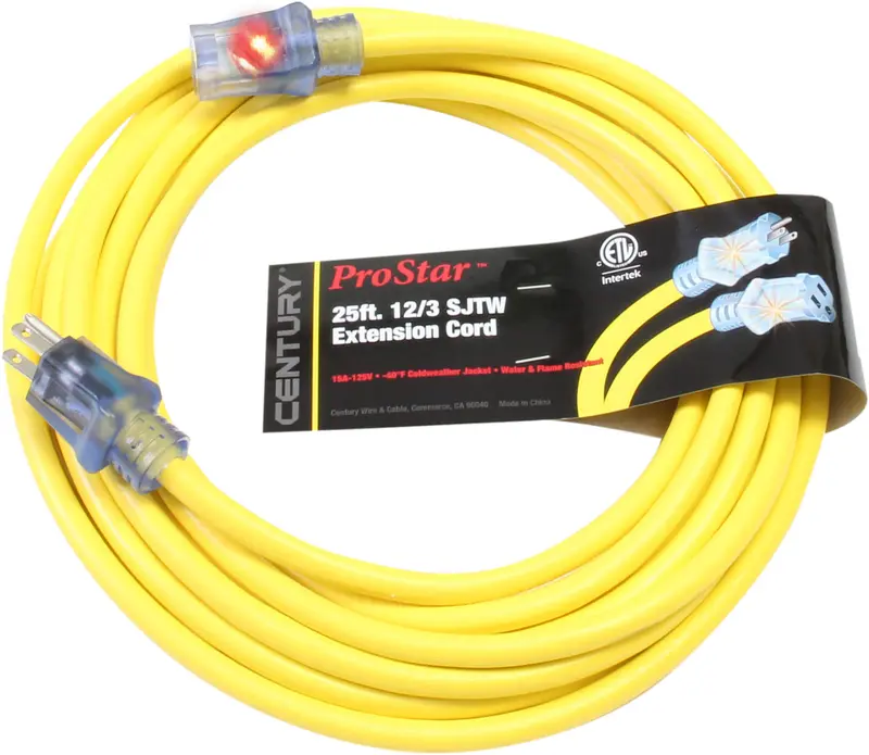 Century D11712025Yl 25-Foot 12/3 Sjtw Extension Cord With Single Tap 1