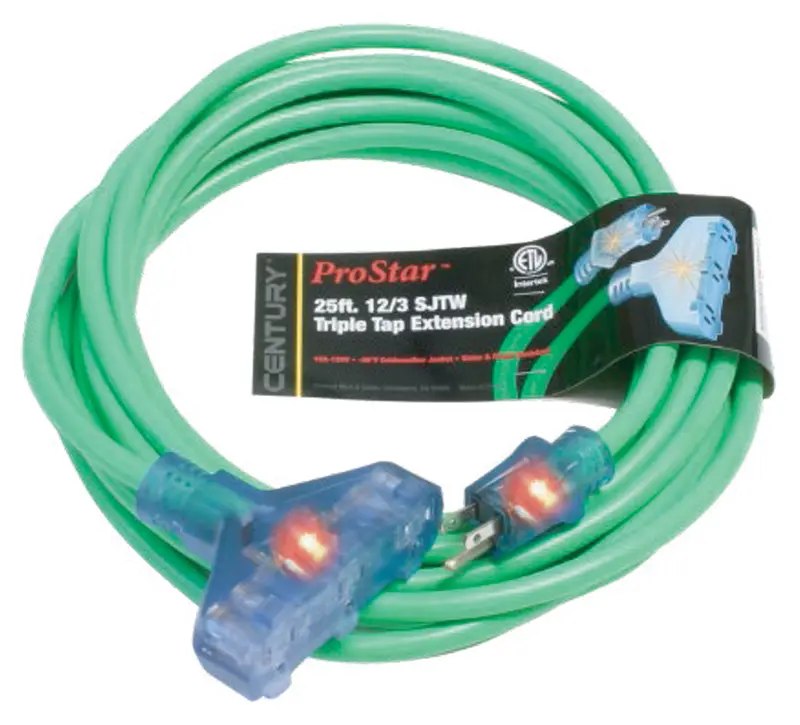 Century D13212025Gn 12/3 Sjtw Extension Cord – 25 Ft Triple-Tap Green Weather-Resistant Cord 1