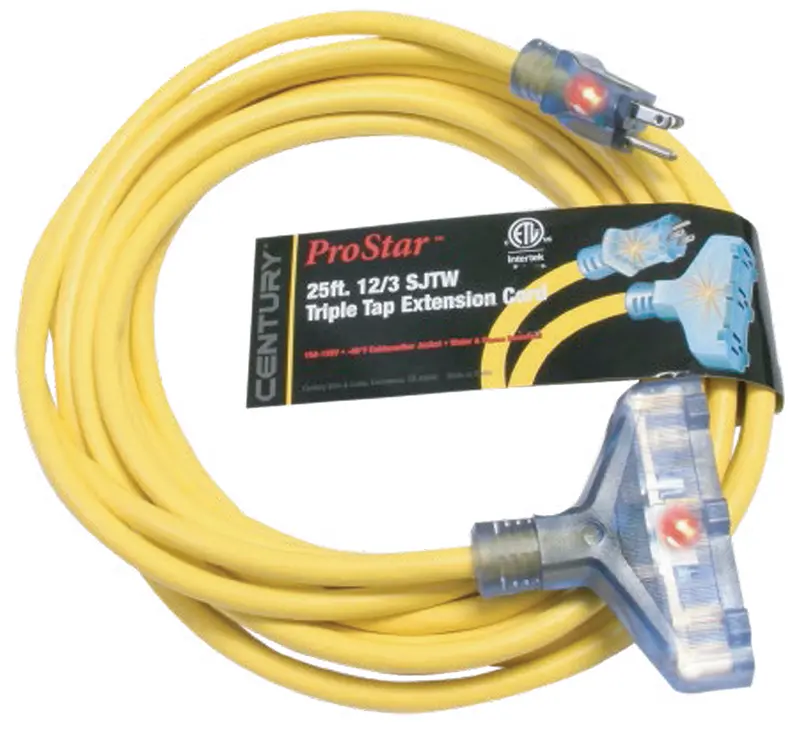 Century D13212025Yl 12/3 Sjtw Extension Cord – 25 Ft Triple-Tap Yellow Outdoor Cord 1