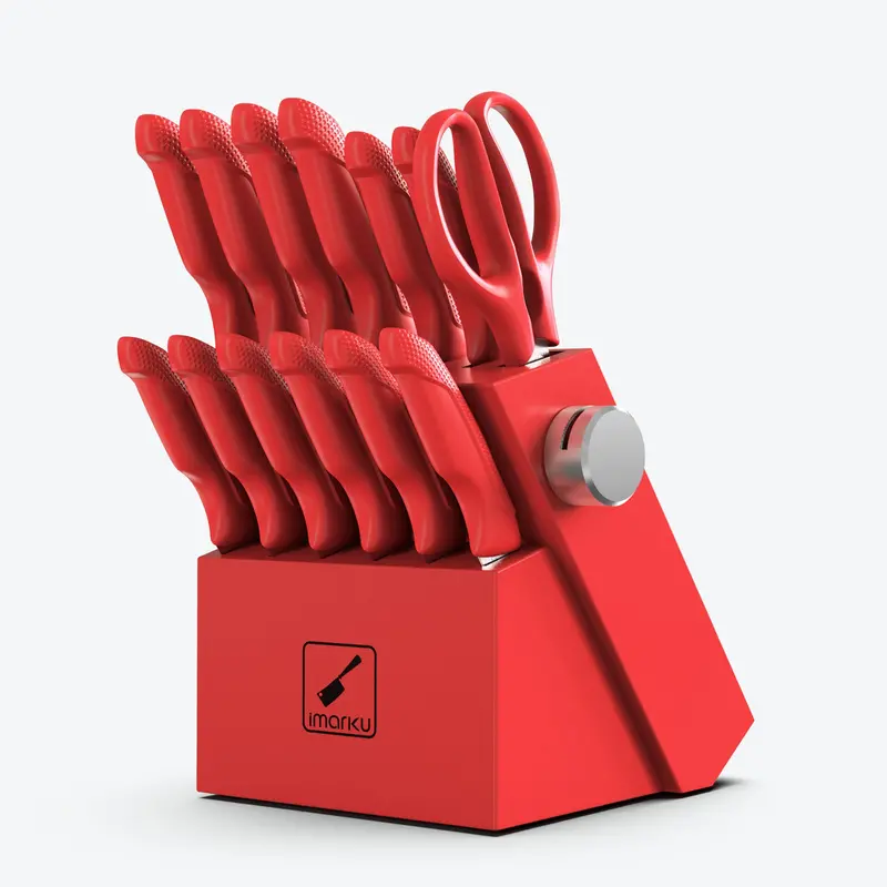Crimson 14-Piece Knife Set – Stainless Blades, Pp Handles, Built-In Sharpener 1