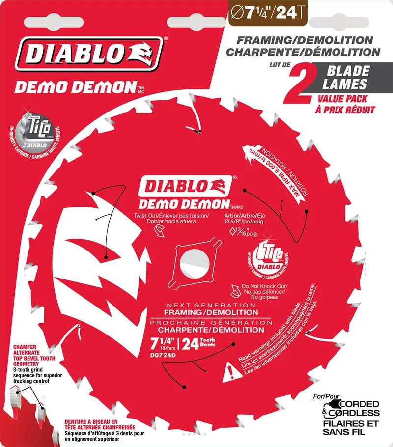 Diablo D0724Dvpx 7-1/4" Demolition Saw Blade – 24-Tooth, 2-Pack 1