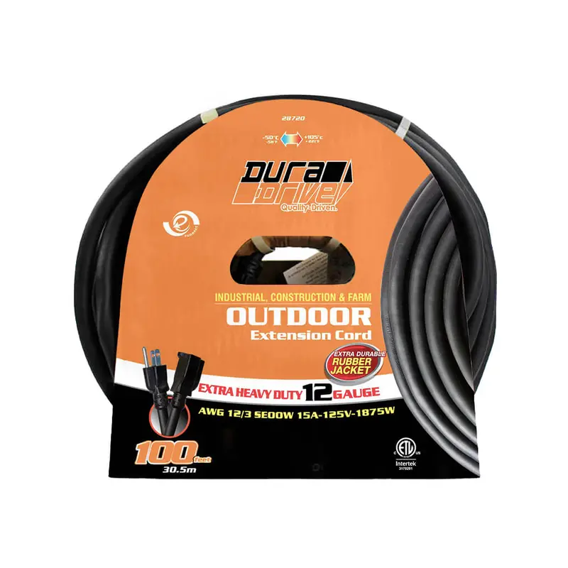 Duradrive 100-Foot 12/3 Seoow Heavy-Duty Single-Tap Extension Cord 1
