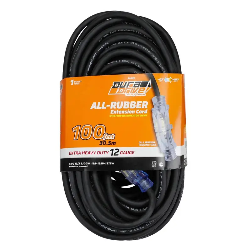Duradrive 100-Foot 12-Awg 3-Conductor Lighted Extension Cord With Illuminated Female Plug 1