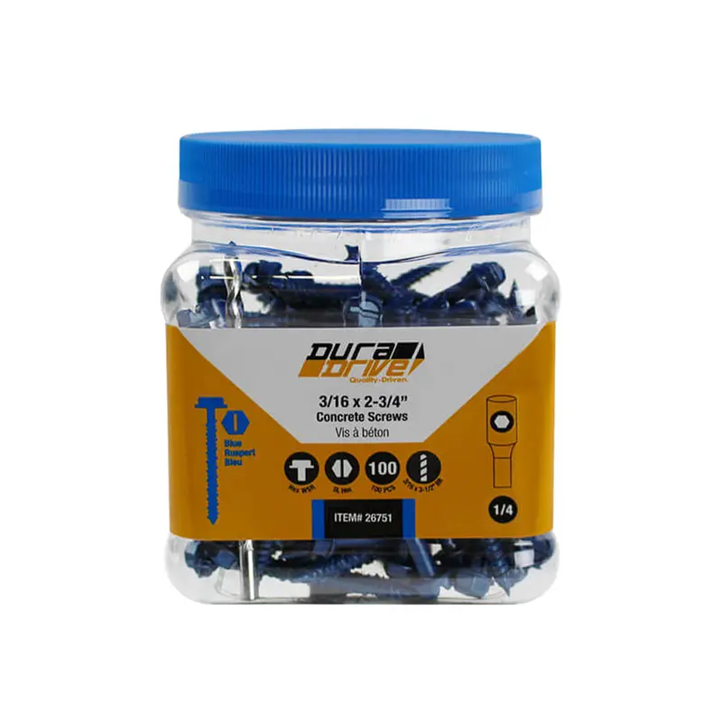 Duradrive 3/16" × 2-3/4" Hex Slot Concrete Screws – 100-Pack, High-Grip Design 1