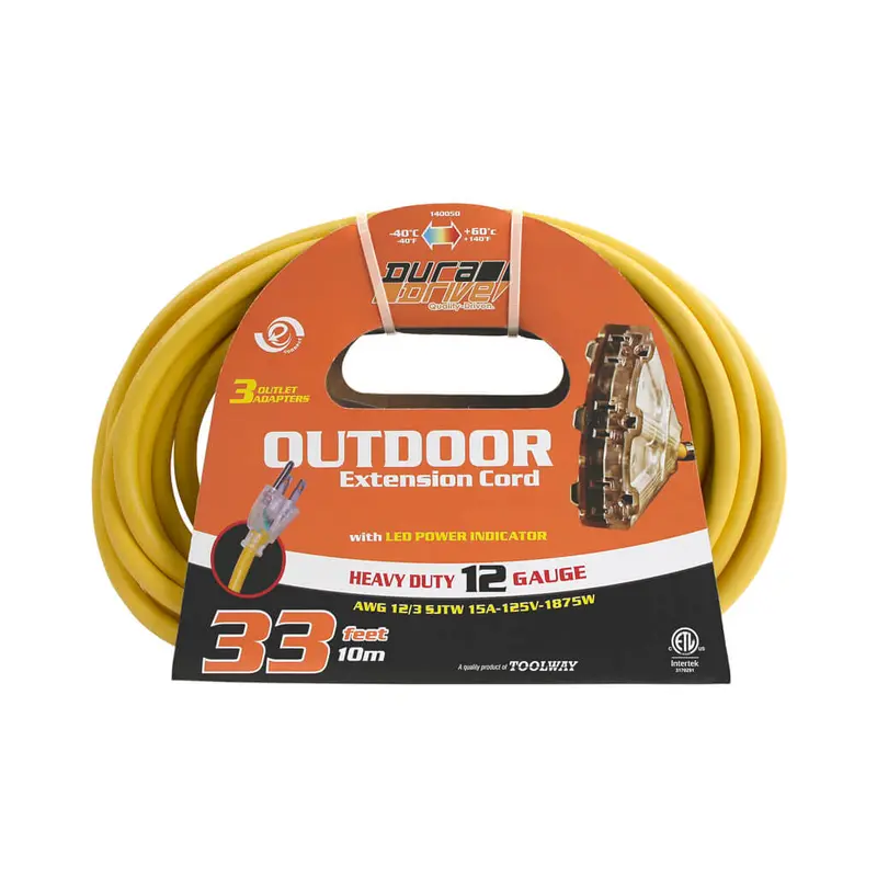 Duradrive 33-Foot Lighted Outdoor Extension Cord — 12/3 Sjtw Triple Tap Design 1