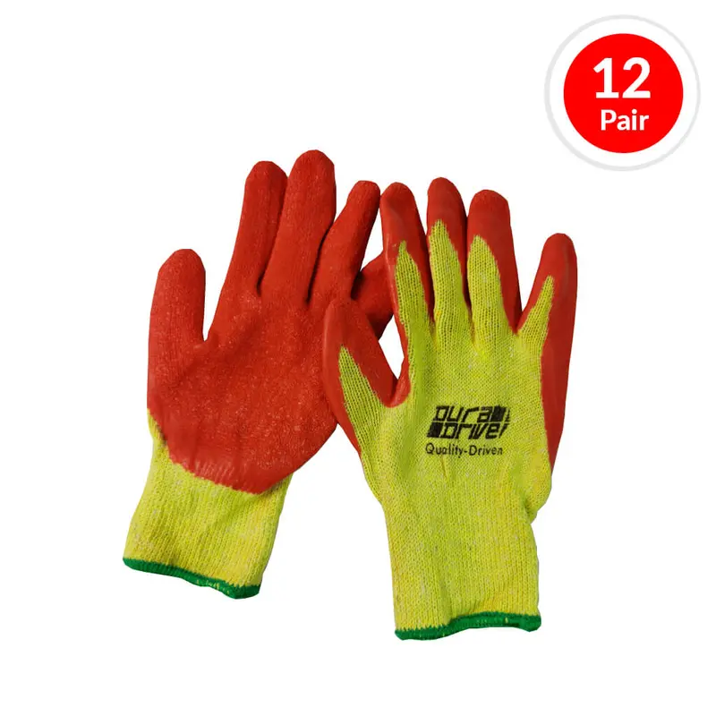Duradrive Yellow Knit Gloves With Orange Latex-Dipped Palms – 12-Pair Bundle 1