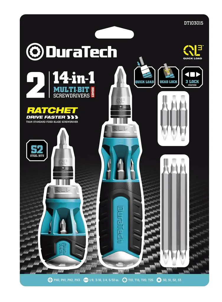 Duratech 14-In-1 Ratcheting Screwdriver Combo — Includes Stubby And Full-Size Handles (2-Pack) 1