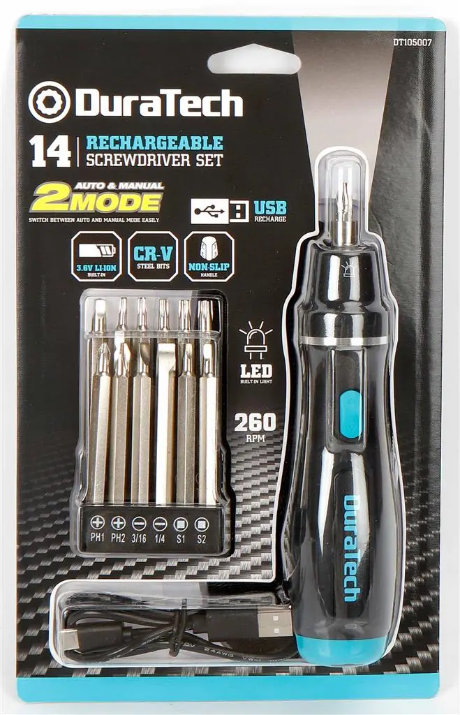 Duratech 14-Piece 3.6V Li-Ion Rechargeable Screwdriver Set 1