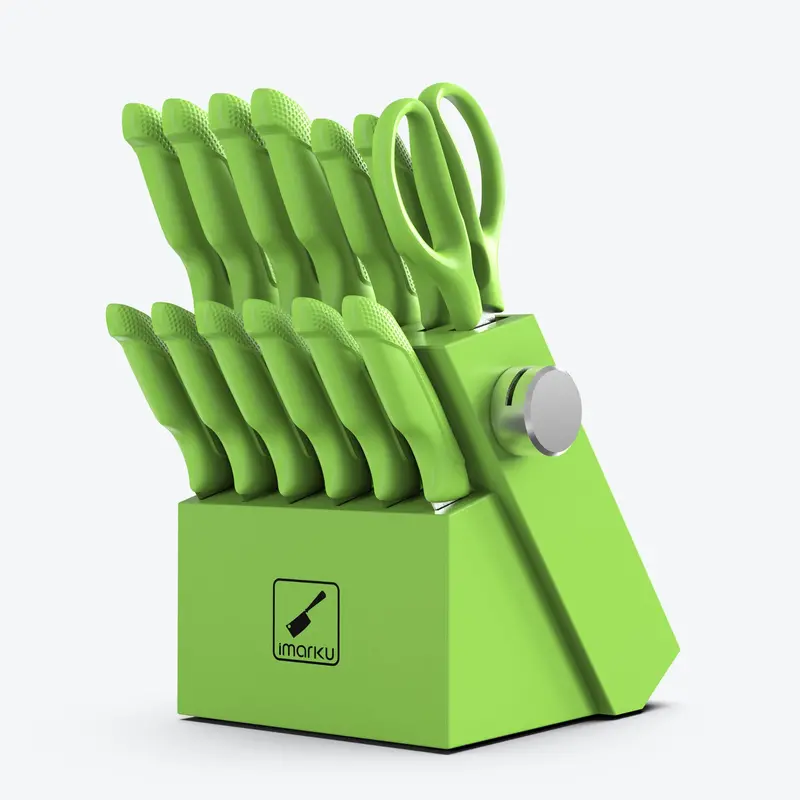 Emerald Green 14-Piece Knife Set With Acrylic-Edge Block & Sharpener 1