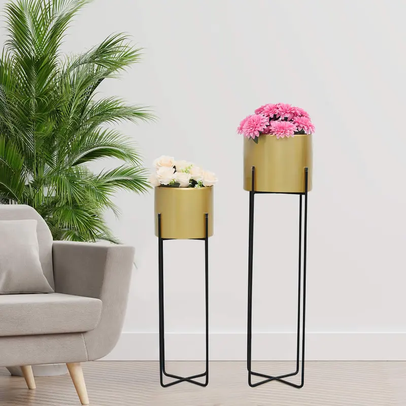 Emiliano-Style Iron Floor Planter With Black Stand And Gold Accents 1