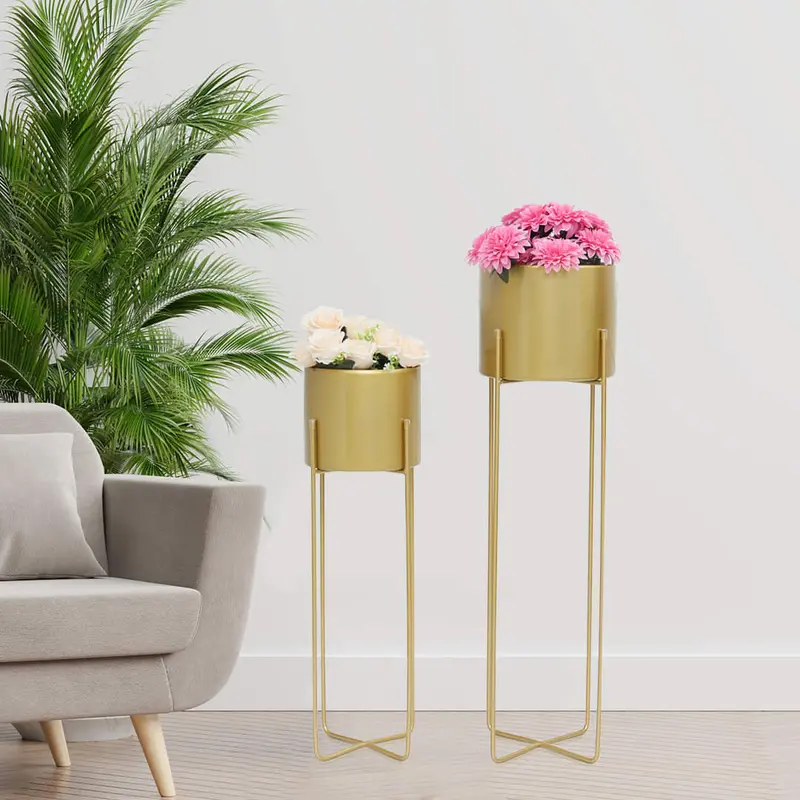 Gold-Finished Iron Floor Planter With Matching Gold Stand 1