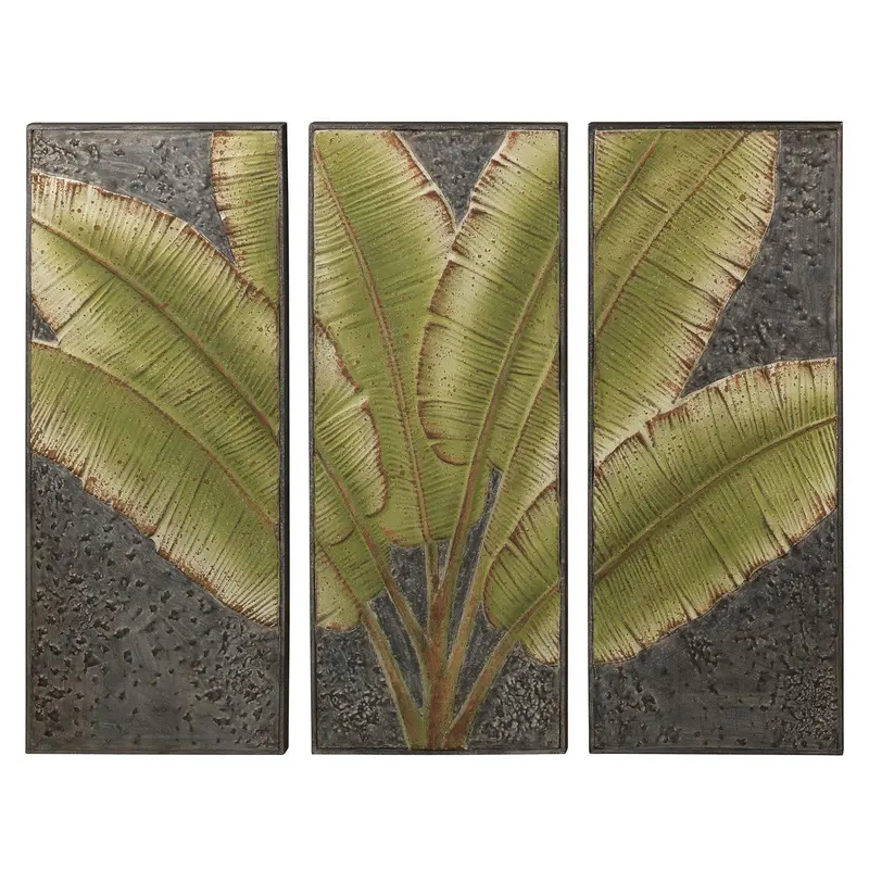 Green Leaves Tryptic Wall Art – Botanical Metal Wall Decor 1