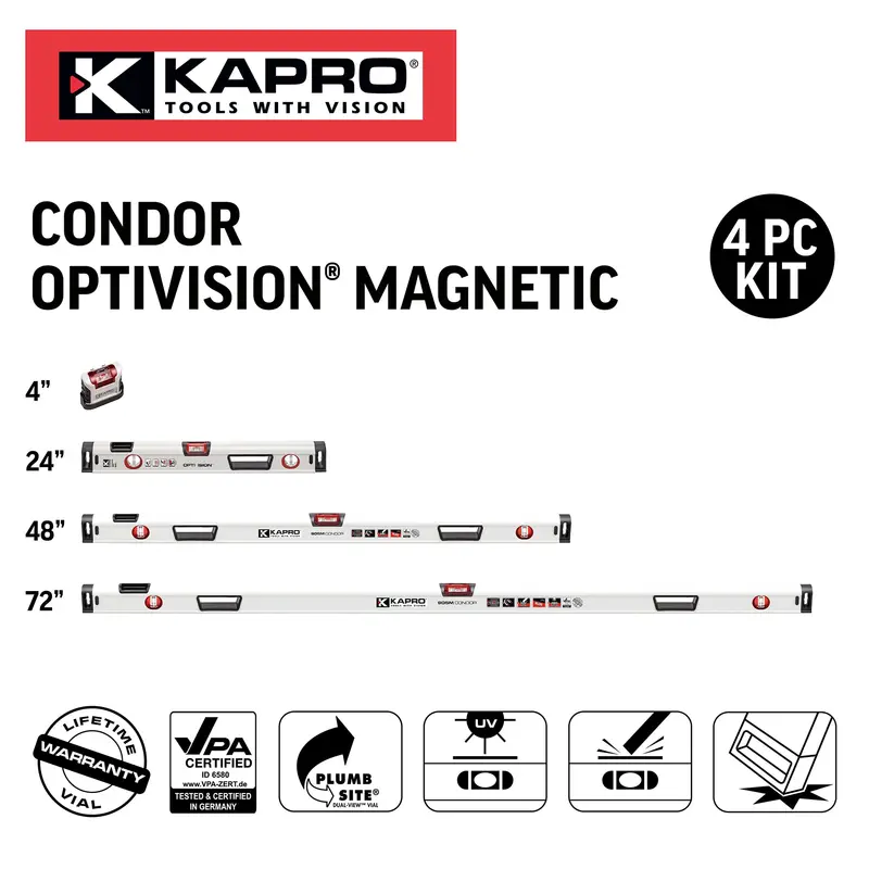 Kapro Optivision 4-Piece Box Level Kit – 4", 24", 48", And 72" 1