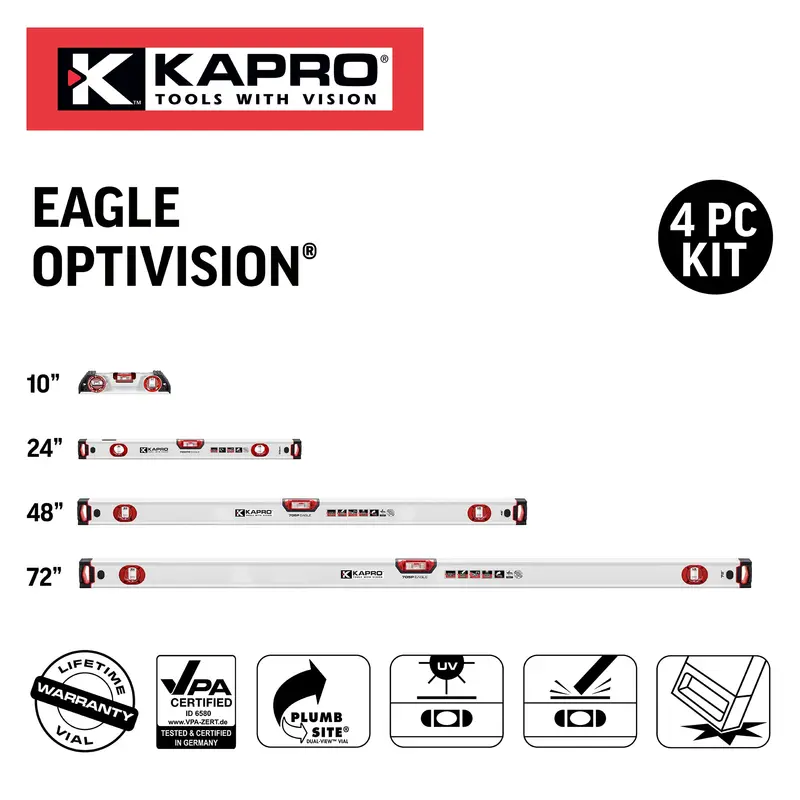 Kapro Optivision Torpedo Eagle Level Set – Four Sizes: 10", 24", 48", 72" 1