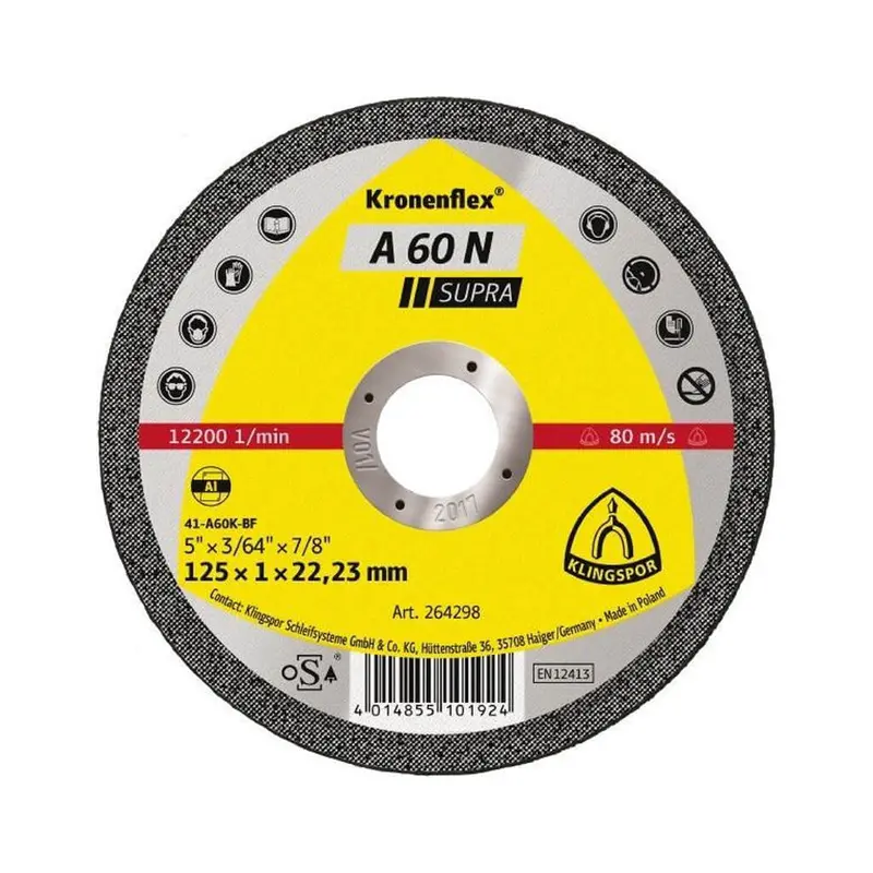 Klingspor A 60 N Supra Kronenflex Flat Cut-Off Wheel – 5" × 3/64" × 7/8", Aluminum-Specific 1