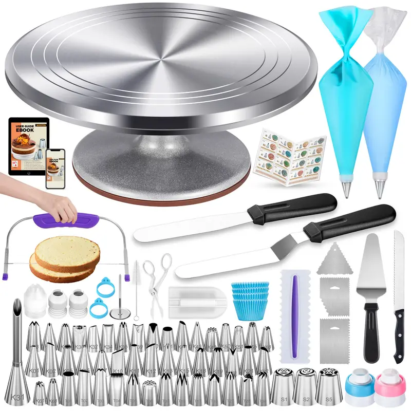 Kootek Premium 253-Piece Cake Decorating Kit – Includes 12" Aluminum Turntable, 48 Numbered Tips, Russian Nozzles, Spatulas, Leveler & More 1