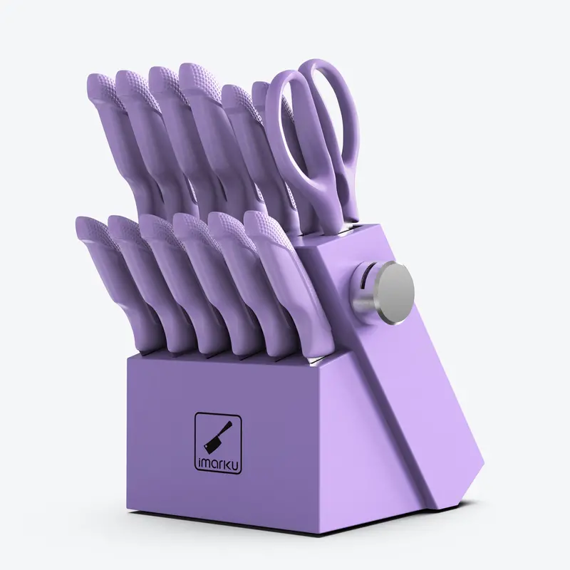 Lavender 14-Piece Knife Set For Beginners – Non-Slip Pp Grips, Acacia Block 1