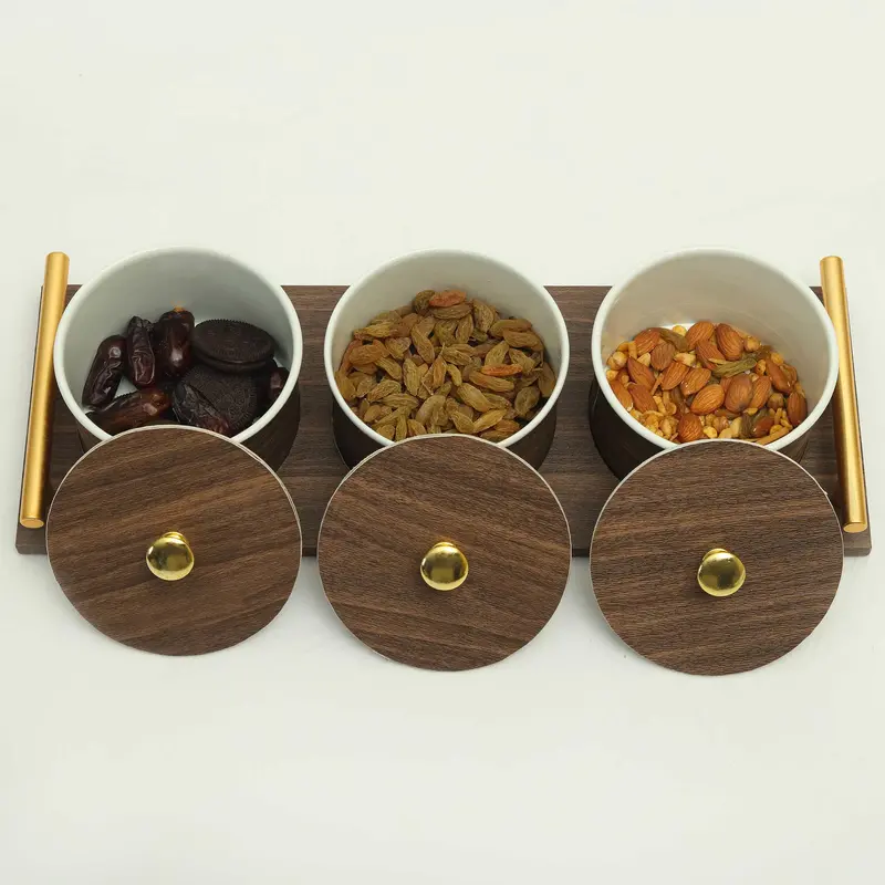Leather-Grain Wooden Serving Tray – Three-Compartment Tabletop Organizer 1