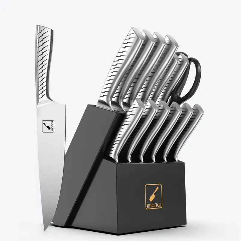 Modern Chef Knife Set With Custom Engraved Handles And Matching Acrylic Block 1