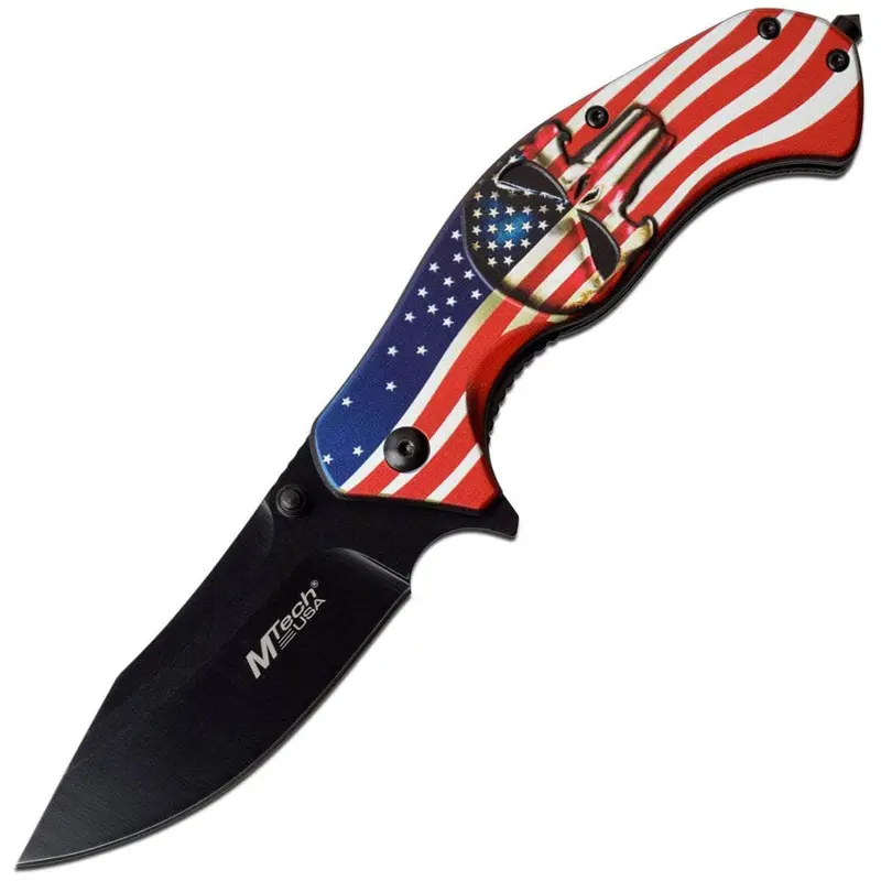 Mtech Mt-A1025A Spring-Assisted Folder – 3.25-Inch Blade With Patriotic American Flag And Skull-Inspired Handle 1
