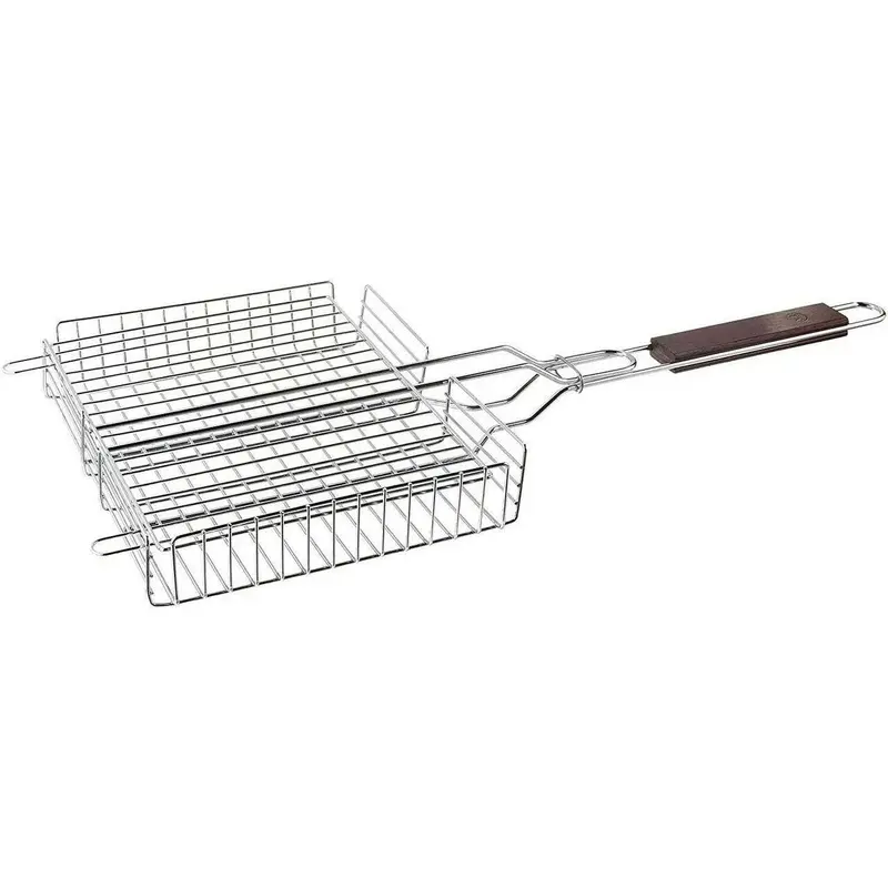 Outset Rosewood-Handled Chrome Grill Basket For Vegetables And Seafood 1