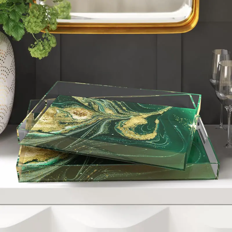 Pair Of Arctic Sea Green Marble-Effect Acrylic Serving Trays 1