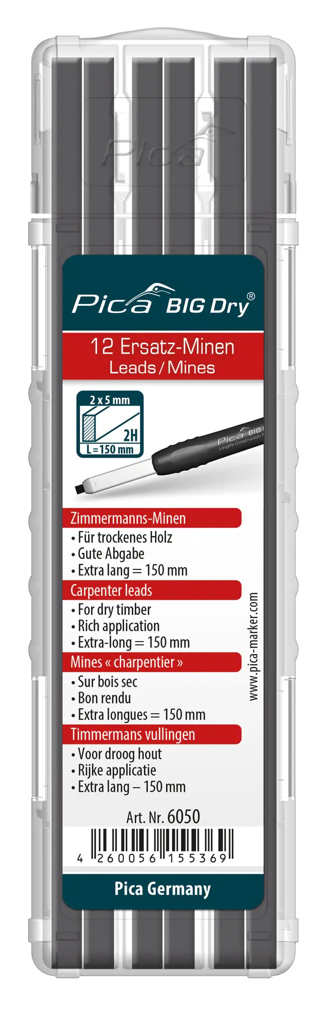 Pica Big-Dry 2H Hardness Marker Refill – 12-Piece Set 1