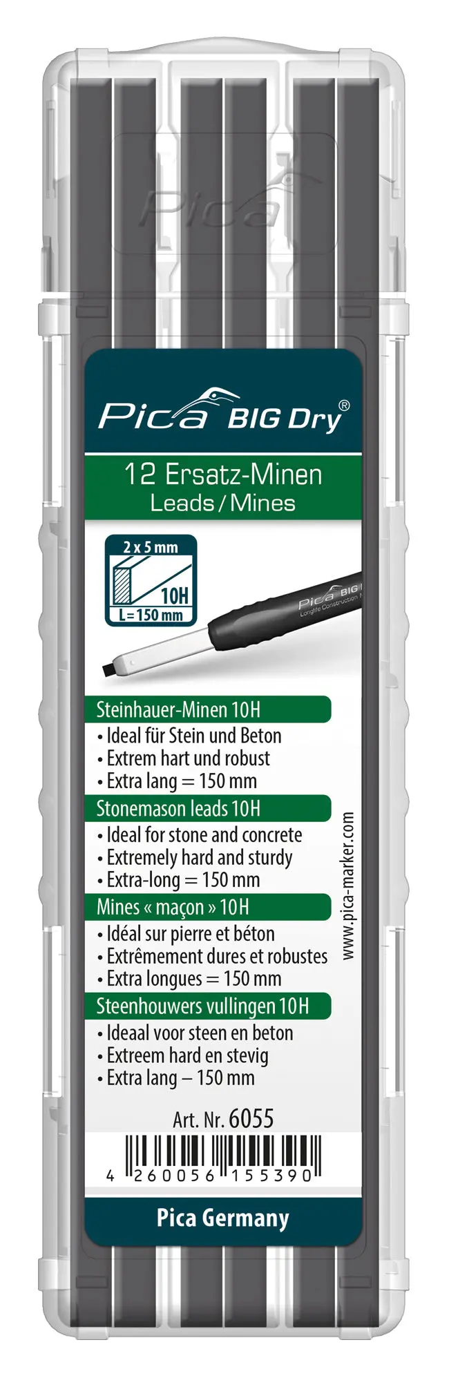 Pica Big Dry Stonemason 10H Graphite Refills – 12-Piece Heavy-Duty Lead Set 1