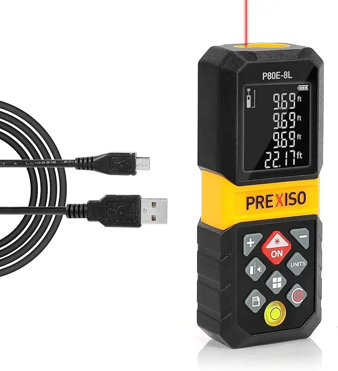 Prexiso 80-Meter Rechargeable Laser Distance Meter – 265 Ft Range With Area/Volume Mode 1
