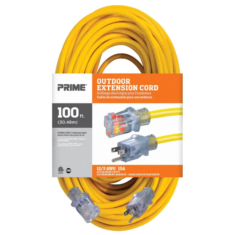 Prime 100-Foot 12/3 Sjtw Single-Tap Extension Cord – Heavy-Duty Outdoor Use 1