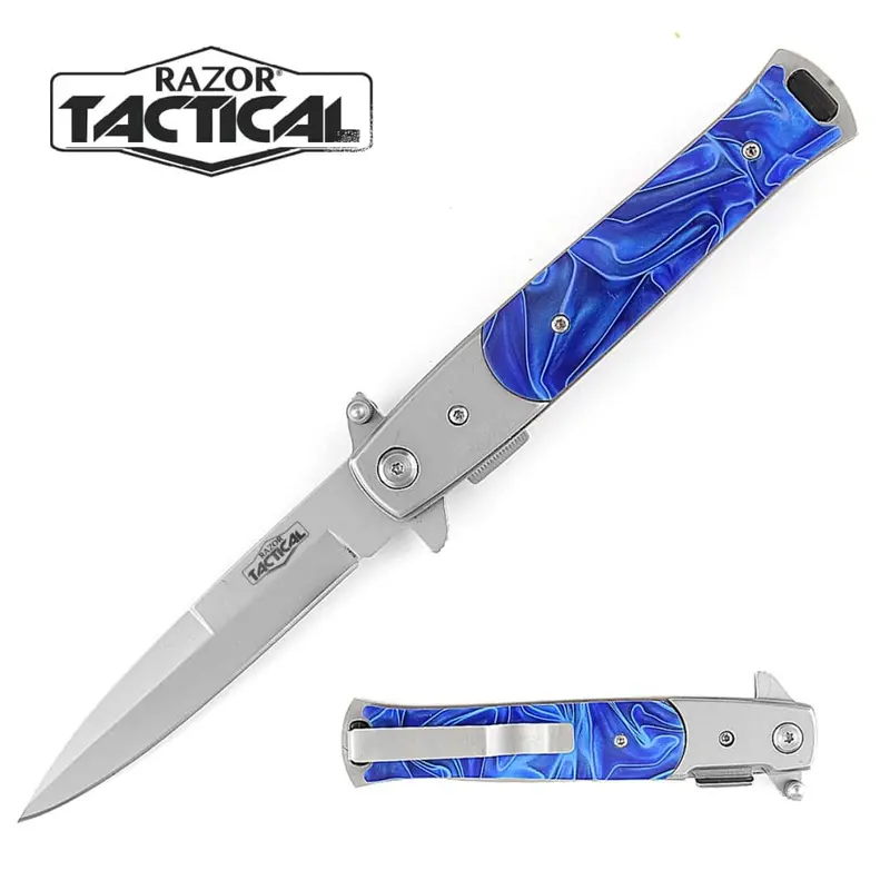 Razor Tactical Quick-Deploy Stiletto Knife With Blue Pearl Handle 1