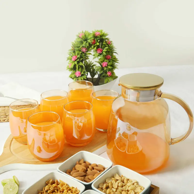 Seven-Piece Borosilicate Glass Jug Set With Gold Accents And Stainless Steel Filter Lid 1