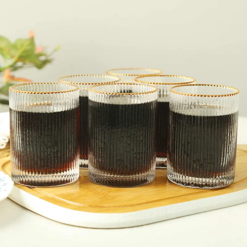 Six-Piece Ridged Stripe Glass Set Featuring Gold Rim 1