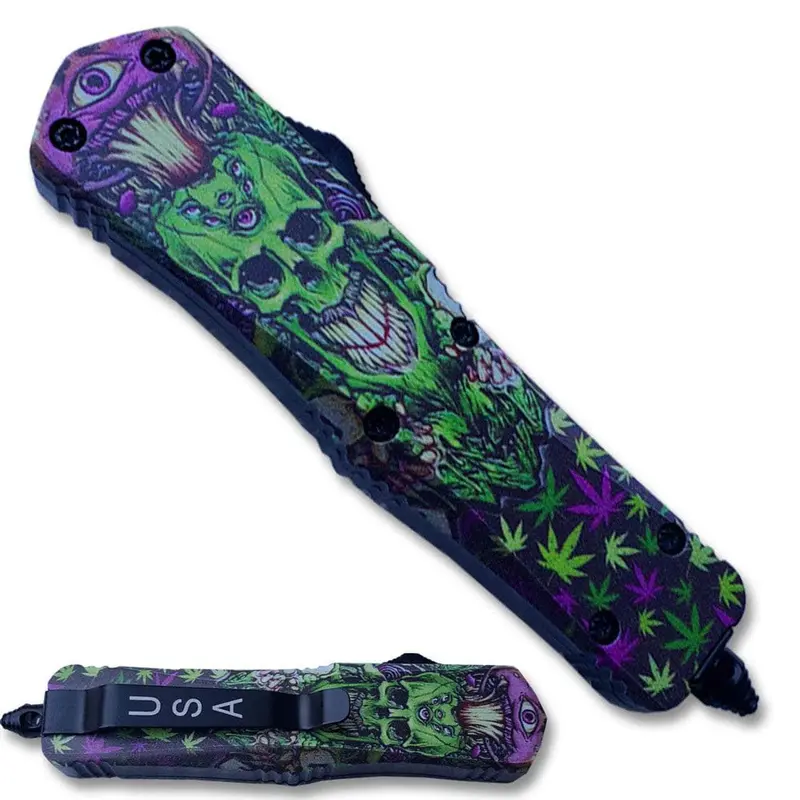Skull Otf Knife – Green And Purple Tanto Blade, Bold Tactical Aesthetic (Otfm-22T) 1