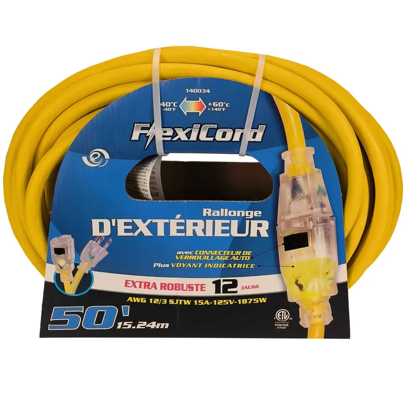Toolway 140034 Heavy-Duty Extension Cord – 12/3 Sjtw, 50-Foot Yellow Single-Tap With Locking Plug 1