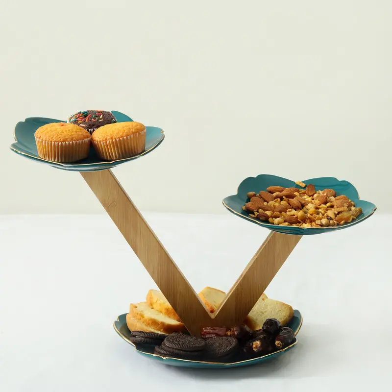 V-Shaped 3-Tier Ceramic Tray With Floral Motif 1