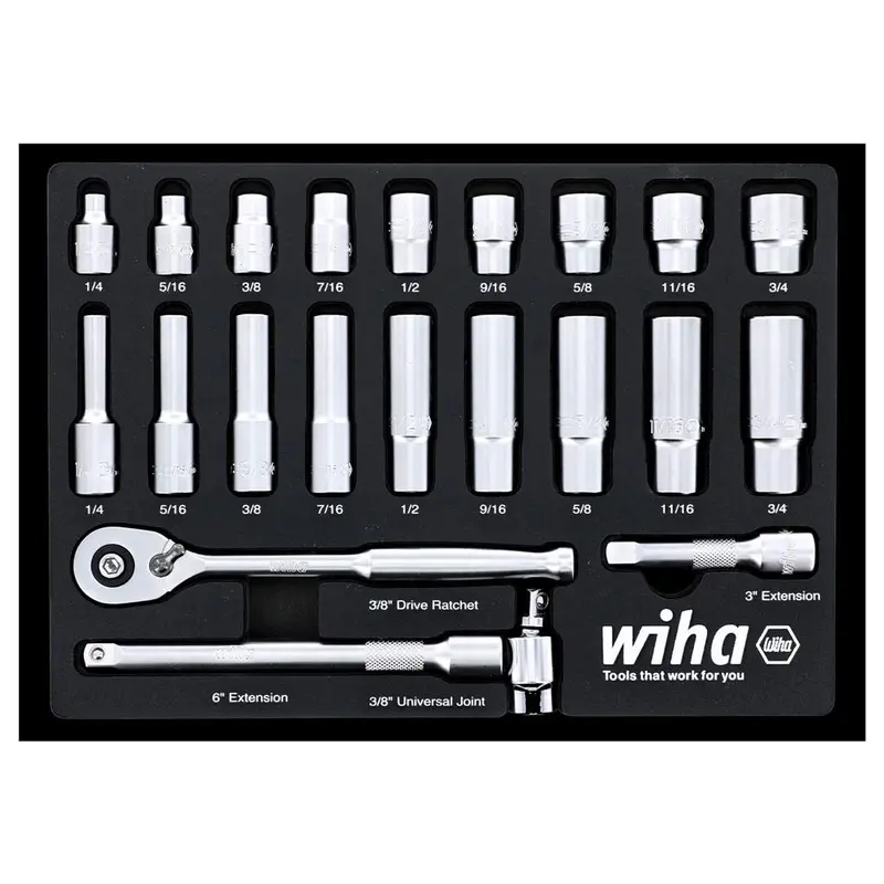 Wiha 33796 3/8-Inch Drive Sae Socket Set – 22-Piece Professional Standard & Deep Combo 1
