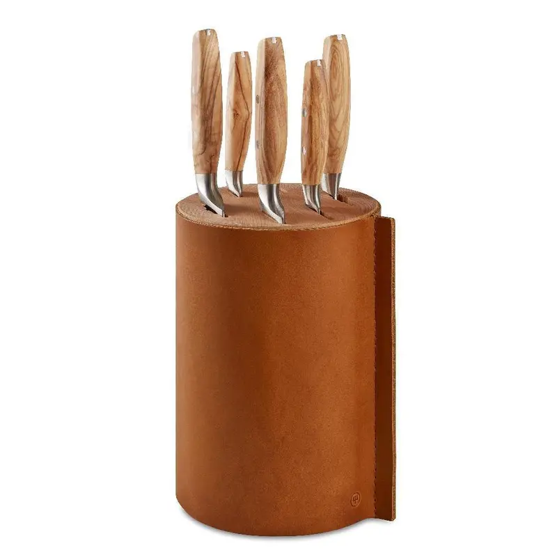 Wusthof Amici Villa 6-Piece Leather-Wrapped Round Knife Block 1